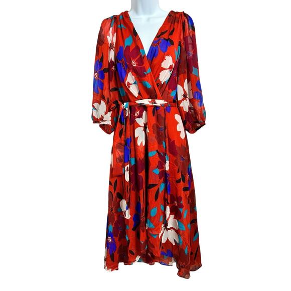 Chaps Floral Wrap Midi Dress Sz 8 Lined 3/4 Sleeve Colorful Belt V-Neck - Picture 8 of 8